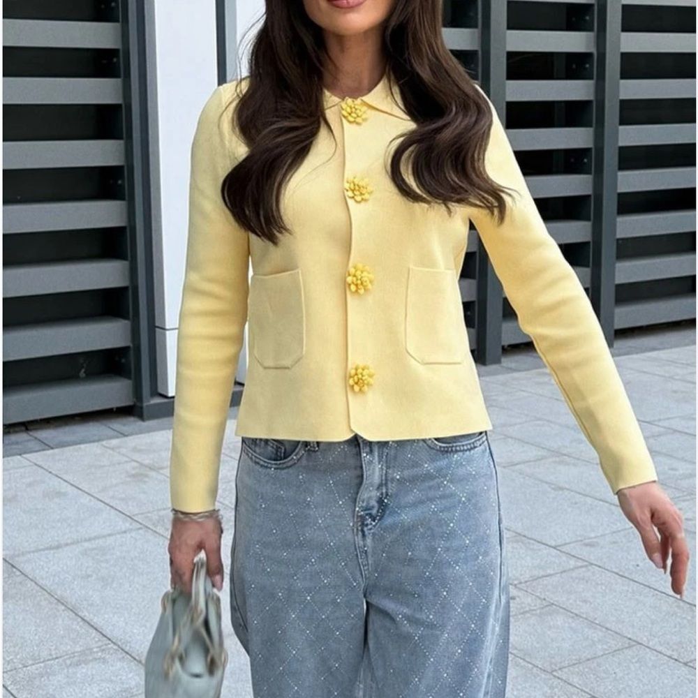 Zara Pastel Yellow Cardigan with Floral Accents